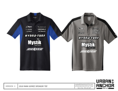 Design mock up- We screen printed these. Mark Gomez Sponsor polos