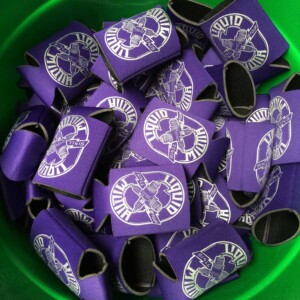 Single color Liquid Militia Koozie screen print. Purple koozie with silver ink. Single Color Koozie Screen Print