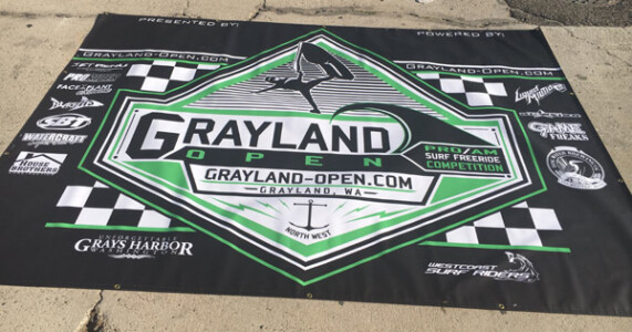 Grayland Open huge podium banner backdrop. Grayland Open huge podium banner