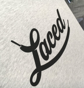 Close up of Laced logo screen print. Laced Belt Co. Screen Print