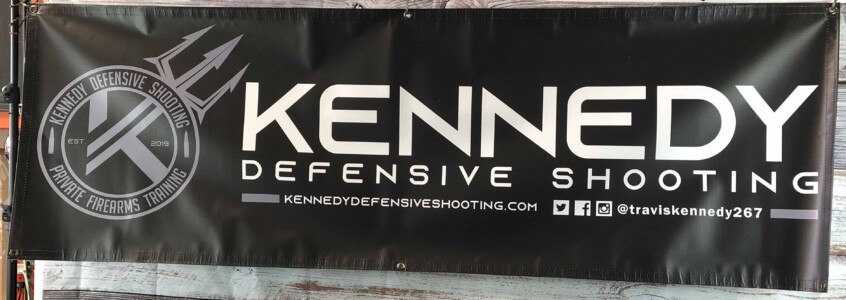 High quality vinyl banners grommets and sewn. Kennedy Defensive Shooting Banners