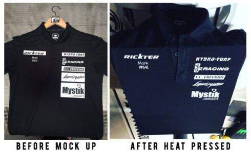 Added (more sponsor logos) plotter cut thermal transfers to clients polo. Heat pressed transfers