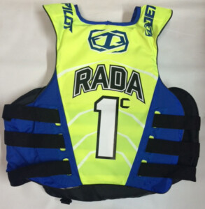 Heat pressed life jacket with name and number pate. This is a 2 color press. Heat pressed life jacket
