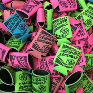 Neon colors, promo koozies or coolies. Club event promotional koozies