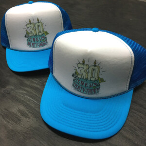 Sublimated dirty 30 logo onto trucker hats. Dirty 30 Trucker Hats